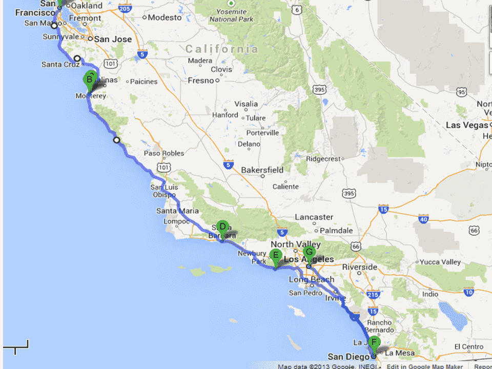Mapa de uma viagem de carro de Los Angeles à San Diego