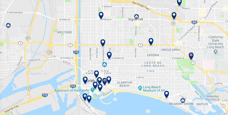 Mapa das principais regiões para ficar em Long Beach