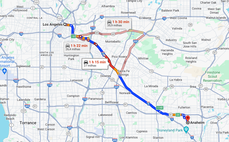Mapa de Los Angeles para Anaheim de carro